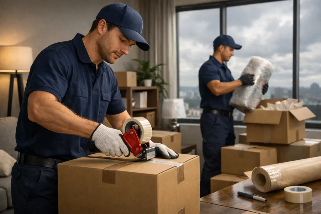 Zwei Männer verpacken Pakete in einem Büro mit großen Fenstern. Sie tragen blaue Uniformen und verwenden Klebeband.