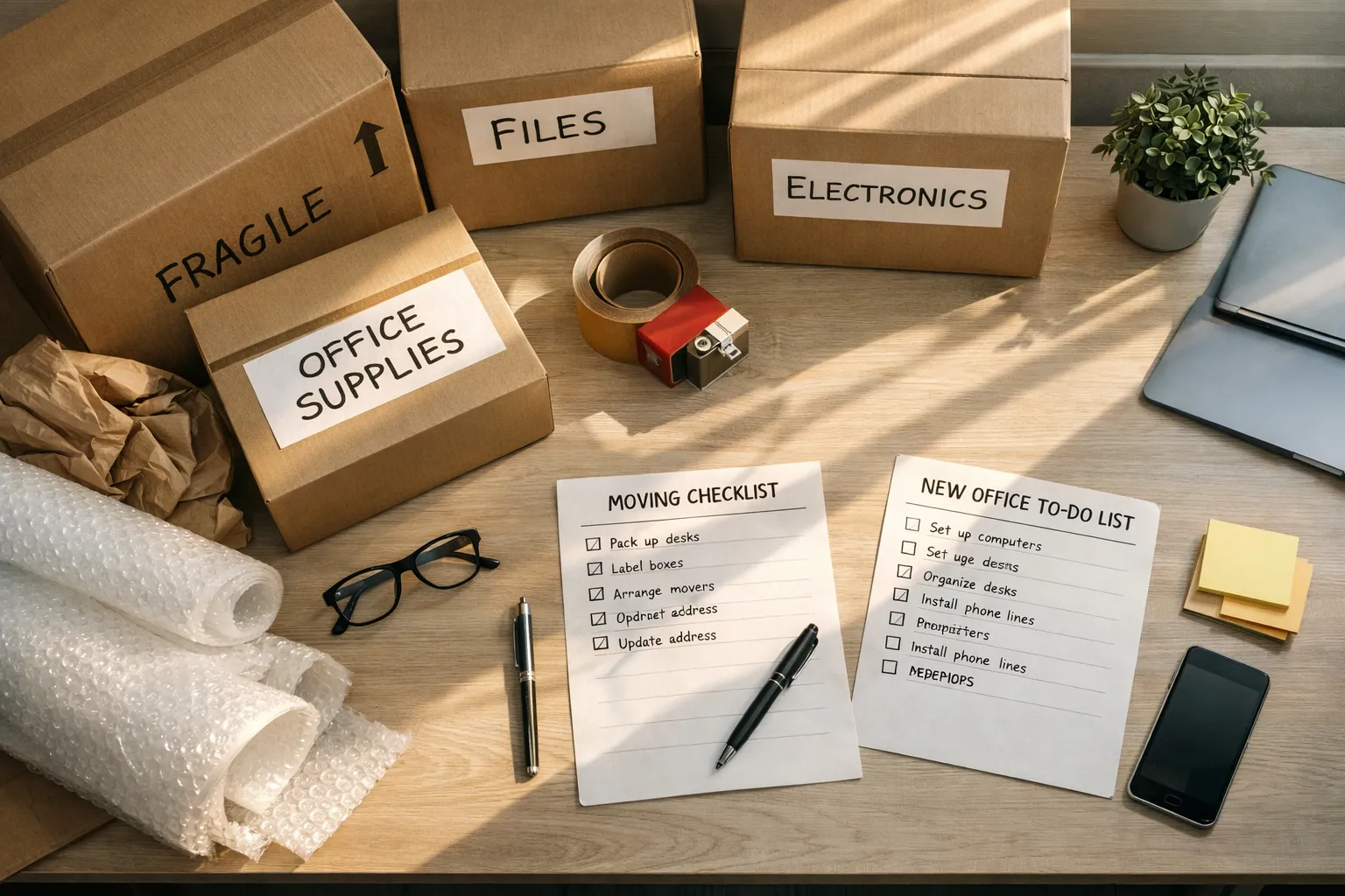 Tisch mit Umzugskartons, Checklisten, Stiften, Laptop, Handy, Blumentopf, Verpackungsmaterial und Klebeband.
