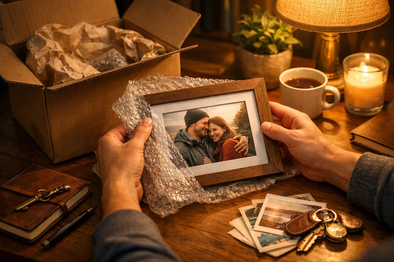 Person hält ein gerahmtes Foto eines lachenden Paares, umgeben von Kerzen, Schlüssel, Kamera, Notizbuch und einer Geschenkbox.