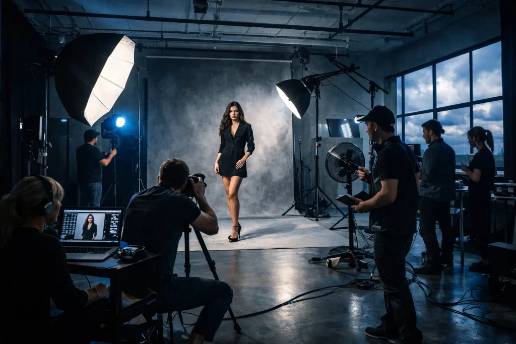 Ein professionelles Fotoshooting im Studio, eine Frau in schwarzem Kleid posiert, im Hintergrund große Fenster mit Blick auf Wolken.