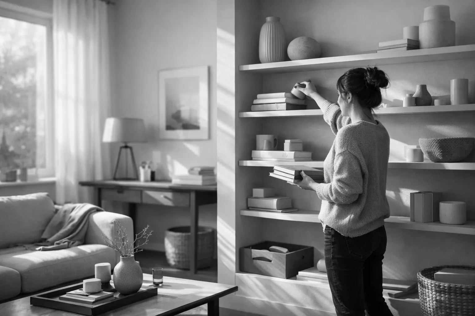 Eine Frau räumt Bücher und Vasen in einem Wohnzimmer mit großen Fenstern und Couch auf. Schwarz-weiß-Foto, entspannte Atmosphäre.
