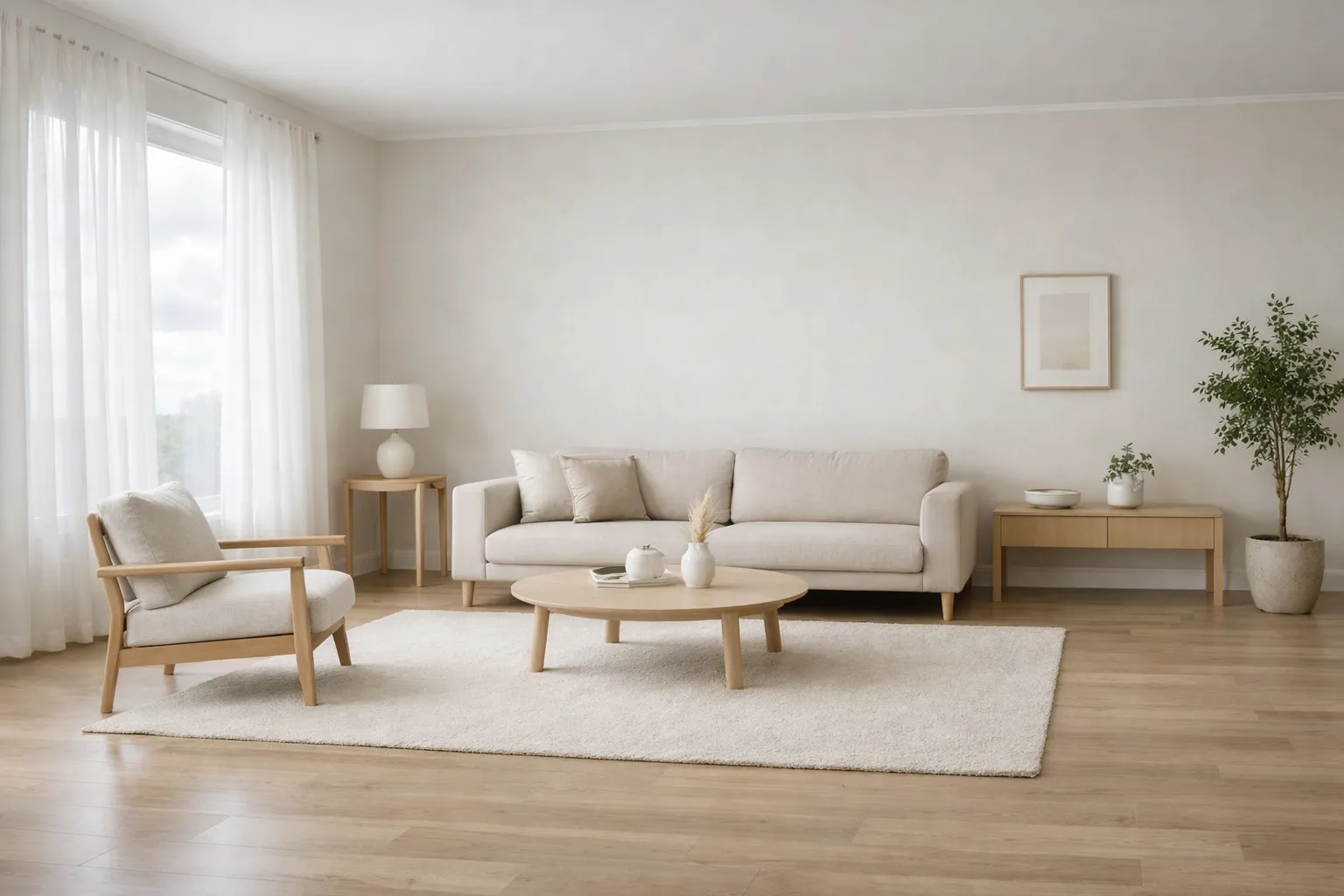 Weißes Wohnzimmer mit Sofa, Sessel, Kaffeetisch, Tisch mit Vase, Pflanzen, hellen Vorhängen und hellem Holzboden. Kein Mensch zu sehen.
