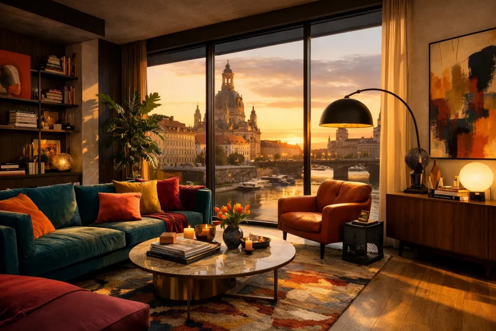 Wohnzimmer mit Blick auf den Fluss bei Sonnenuntergang, bunter Couch, Sessel, Bücher, Kerzen, Lampen und moderne Kunst.