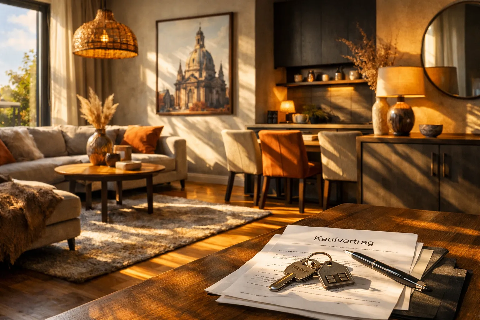 Ein Wohnung mit Sofa, Tisch, Stühlen und Dekoration. Auf dem Tisch liegen ein Kaufvertrag, Schlüssel und eine Kugelschreiber.