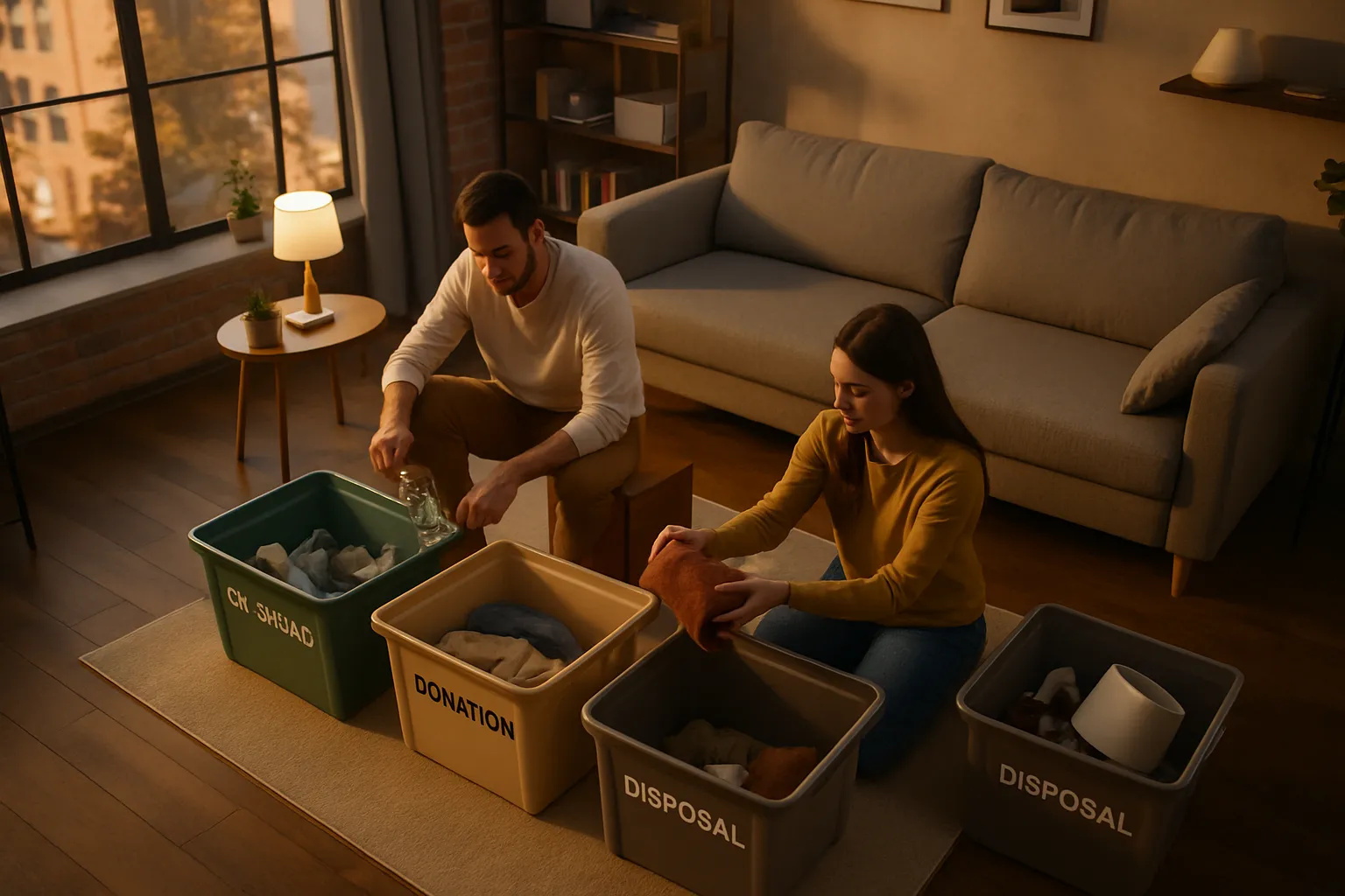 Ein Mann und eine Frau sortieren Gegenstände in farbige Kisten im Wohnzimmer, während draußen Abendlicht zu sehen ist.