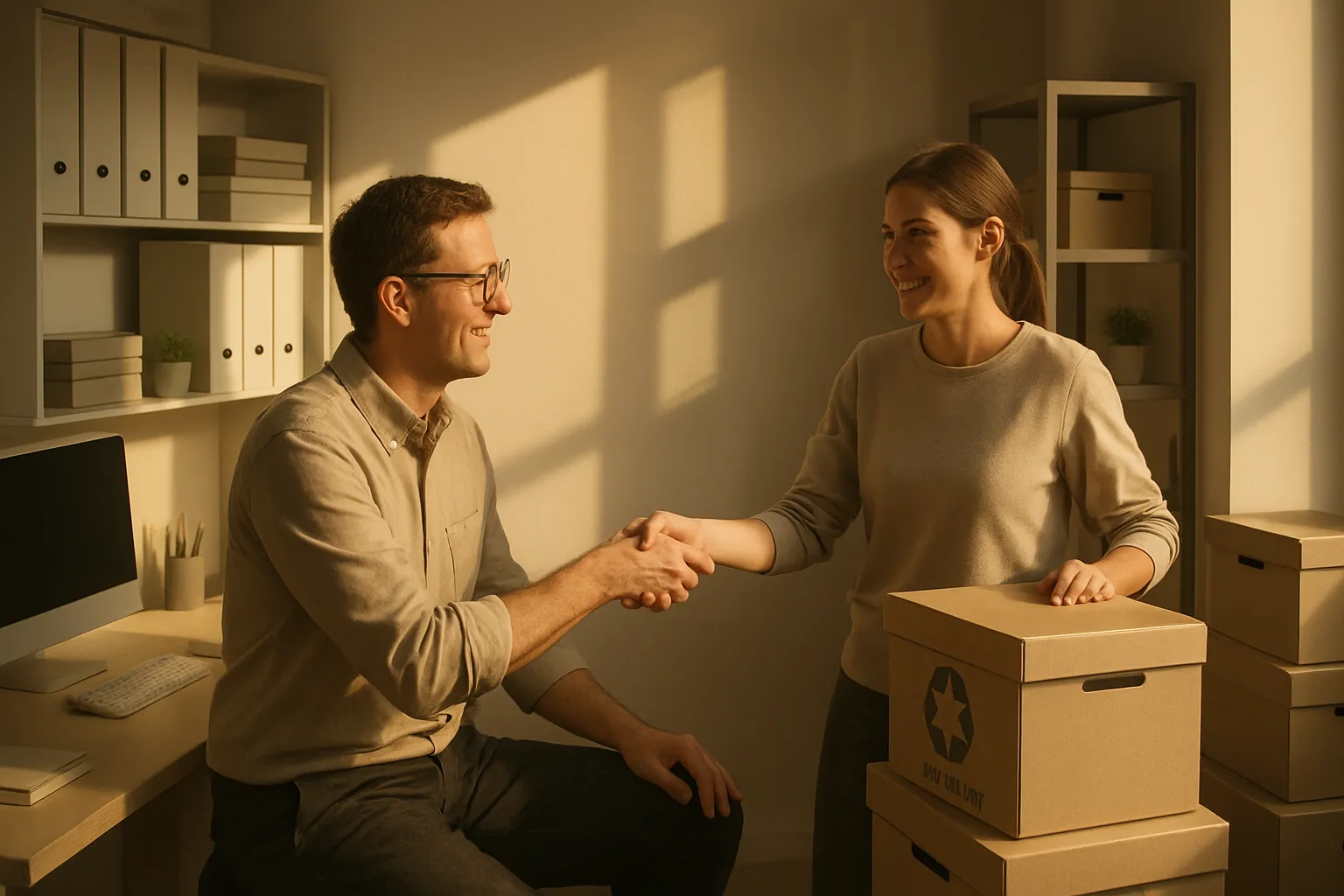 Ein Mann sitzt an einem Schreibtisch, während eine Frau ihn begrüßt und die Hand schüttelt. Sie sind in einem Büro mit Kartons und Regalen.