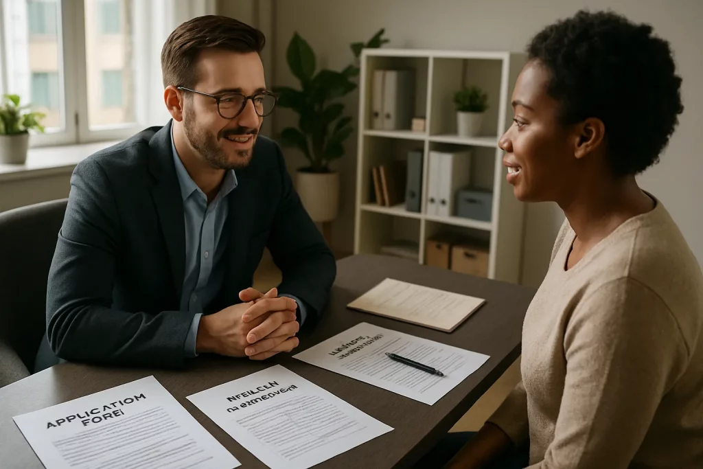 Ein Mann und eine Frau sitzen sich im Büro gegenüber, reden und lächeln. Auf dem Tisch liegen Arbeitsunterlagen, eine davon ist "Application Form".