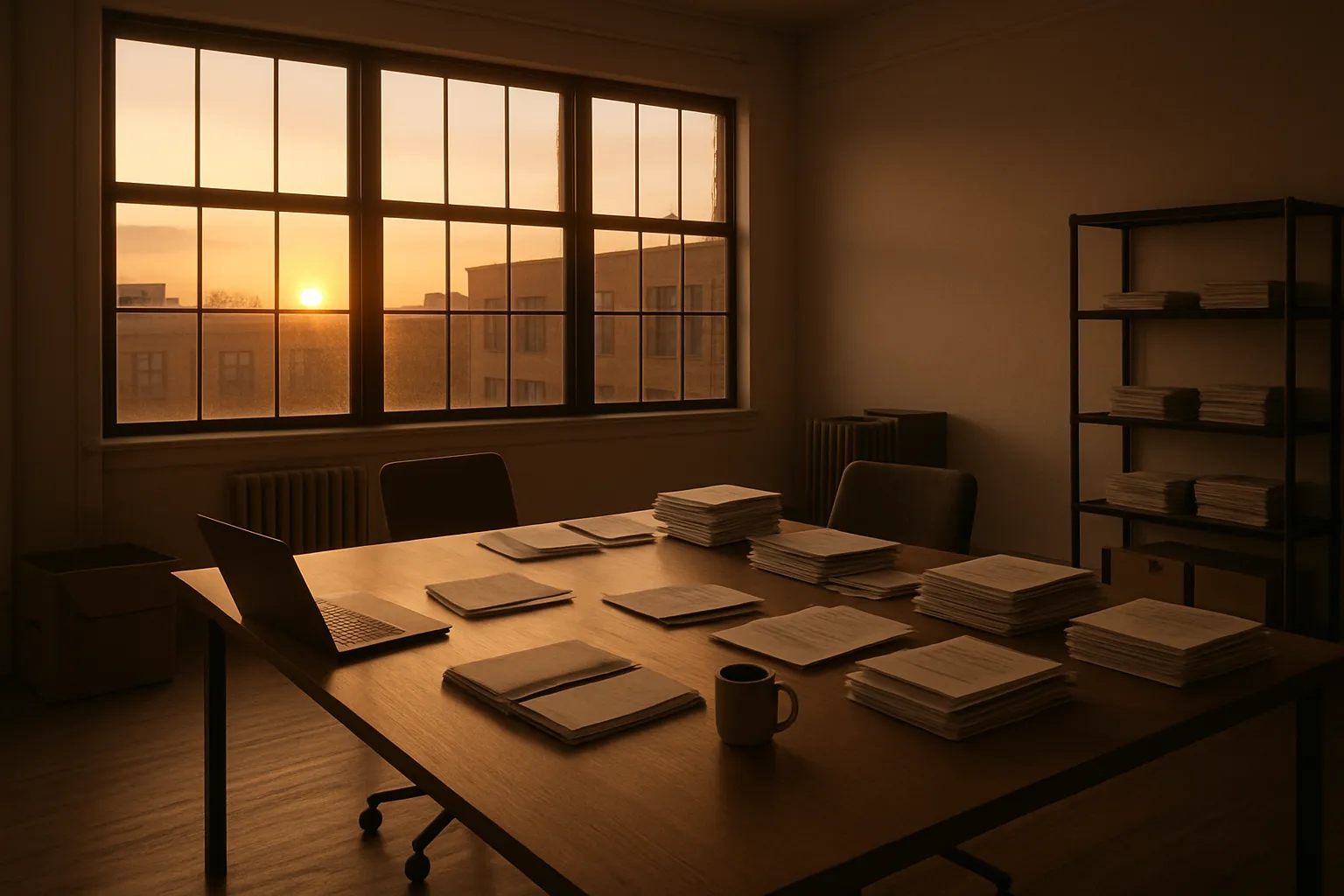 Ein dunkles Büro mit Tisch, voller Papiere, in der Abendsonne. Es gibt Stühle, ein Laptop, Bücherregal und Fenster mit Blick auf Gebäude.