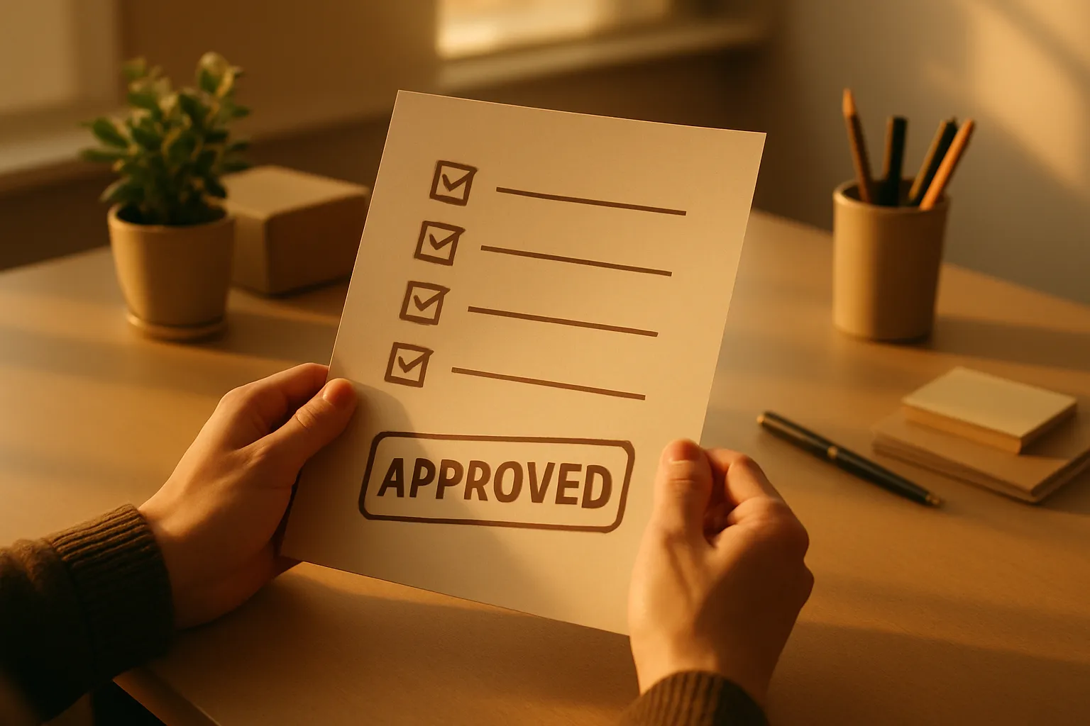 Person hält Papier mit vier gekreuzten Häkchen und der Aufschrift "APPROVED". Im Hintergrund sind Pflanzen, Stifte und Notizblätter auf einem Tisch.