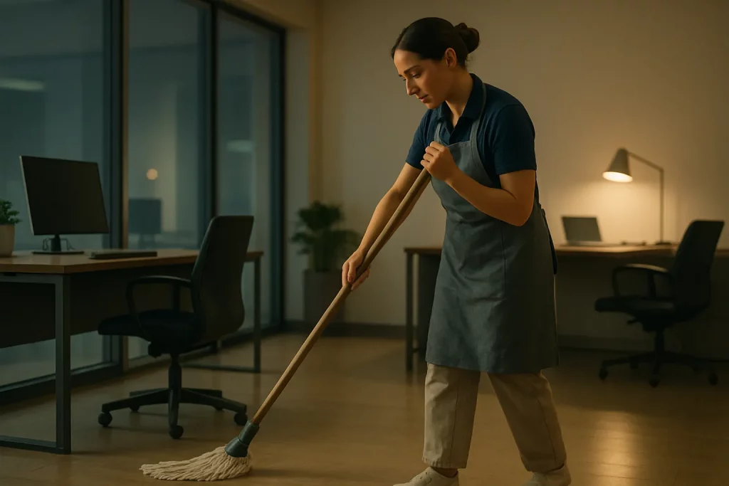Eine Frau putzt in einem Büro. Sie trägt eine graue Schürze, beige Hosen und hat dunkle Haare. Es ist abends oder nachts.