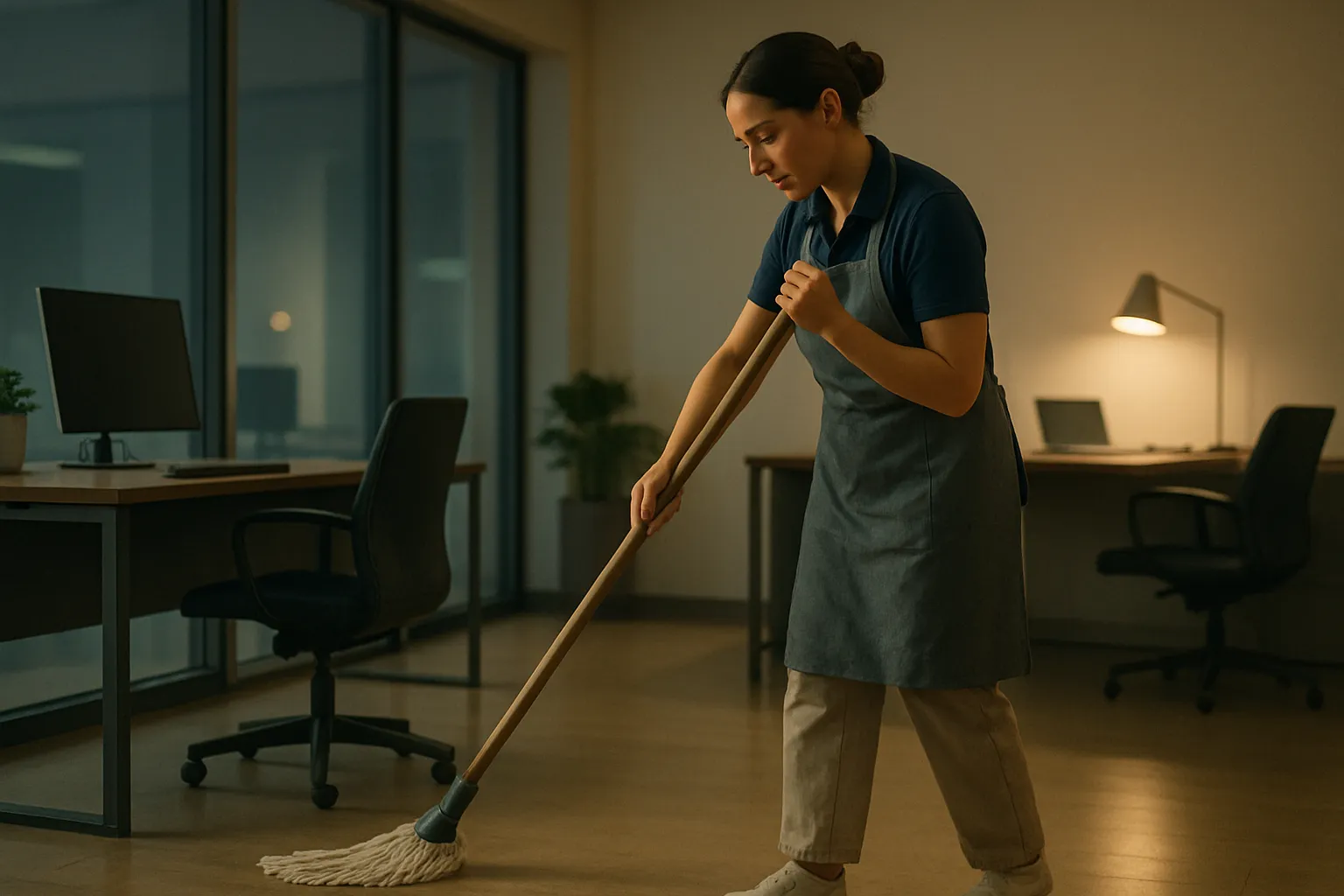 Eine Frau putzt in einem Büro. Sie trägt eine graue Schürze, beige Hosen und hat dunkle Haare. Es ist abends oder nachts.