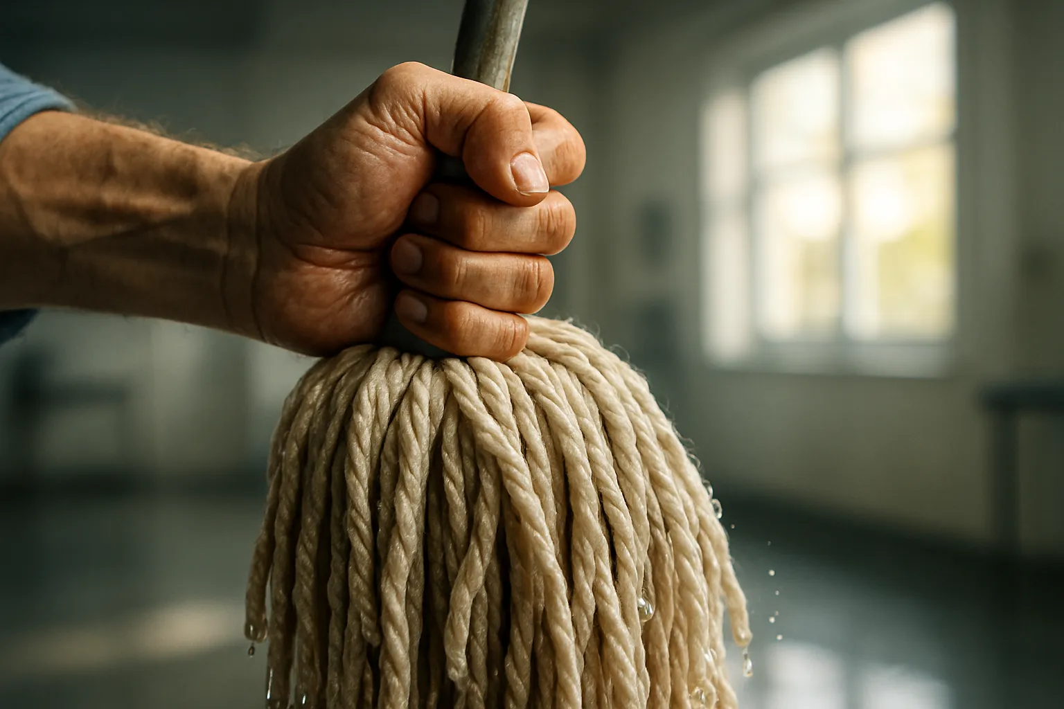 Hand hält Mopphirsch mit dicken, nassen Seilen, in einem Grau-blauen Raum vor großen Fenstern.