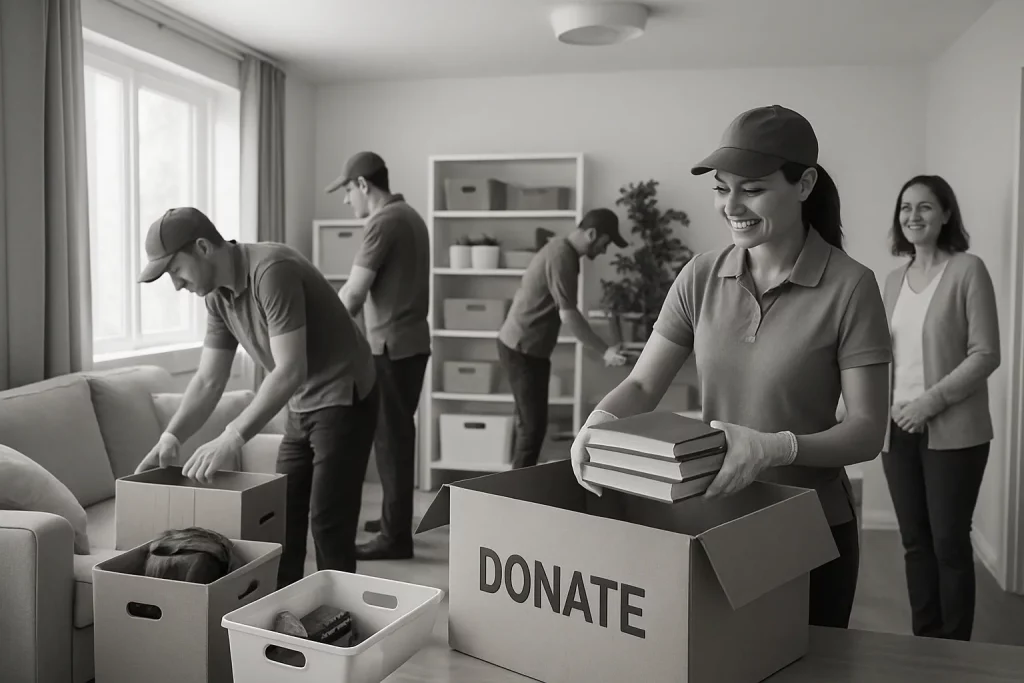 Fünf Menschen packen Spenden in Kartons in einem Wohnzimmer. Sie lachen und arbeiten gemeinsam bei einer Helferaktion.