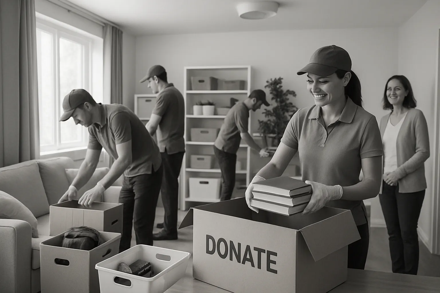 Fünf Menschen packen Spenden in Kartons in einem Wohnzimmer. Sie lachen und arbeiten gemeinsam bei einer Helferaktion.