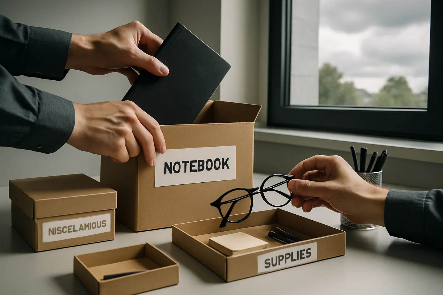 Zwei Personen sortieren Bürogegenstände in Kartons: Notizbücher, Brille, Marker. Am Fenster, grauer Himmel. Büro im Hintergrund.