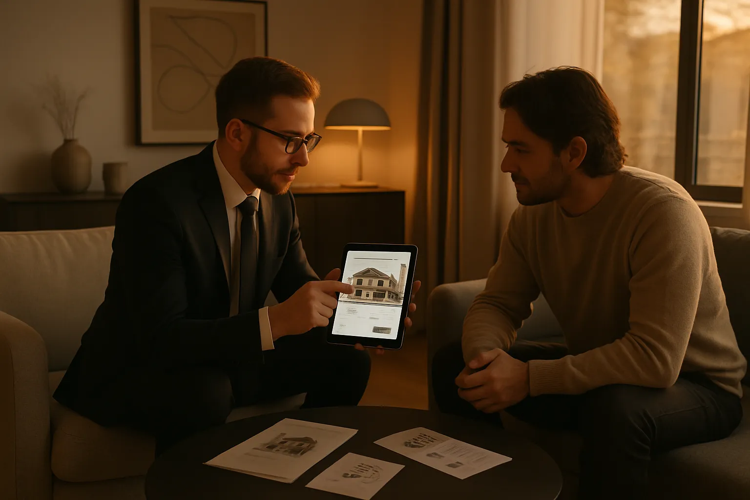 Zwei Männer sitzen abends in einem Wohnzimmer, einer zeigt dem anderen eine Hausseite auf einem Tablet, sie sprechen über Immobilien.