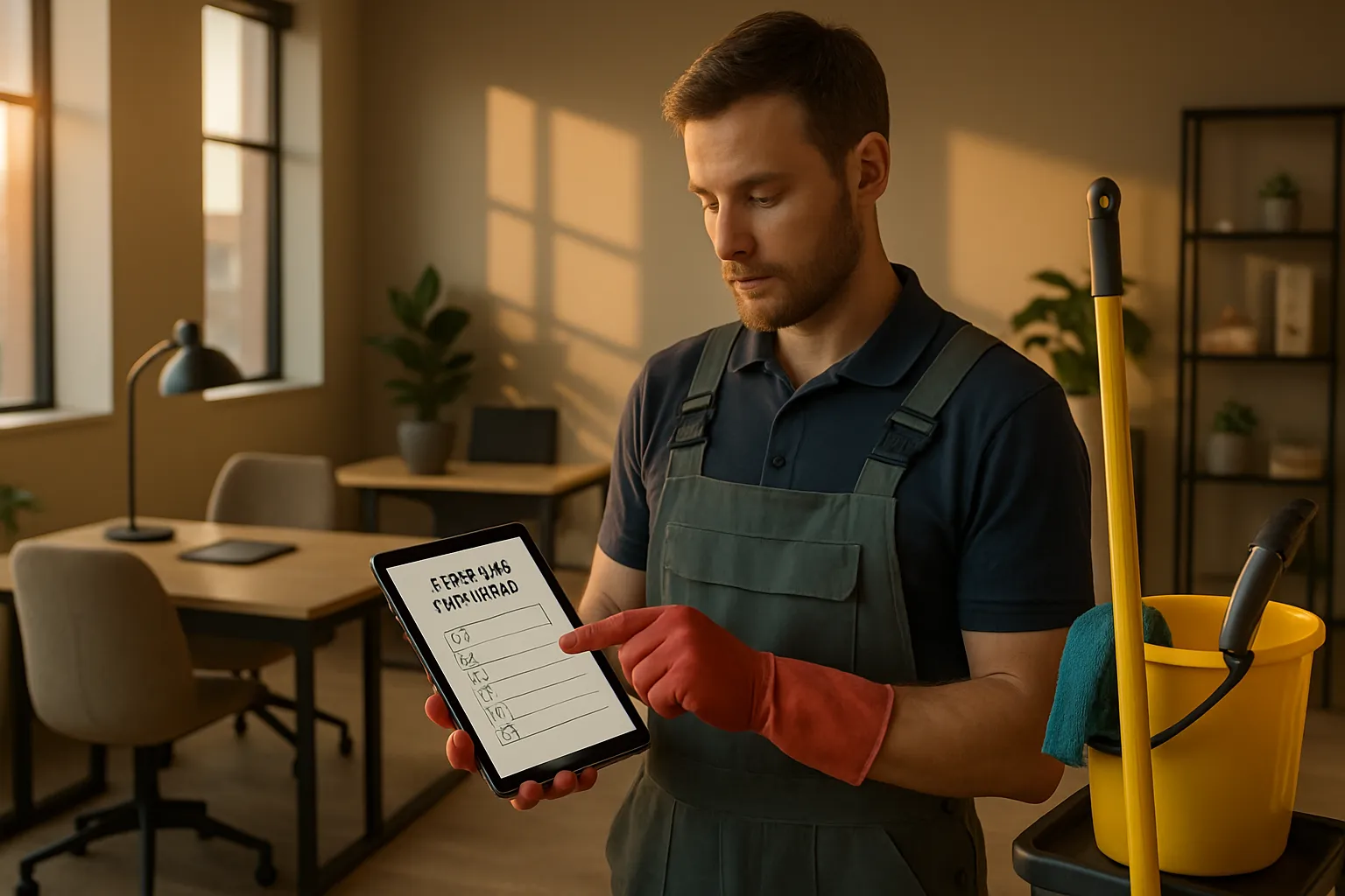 Ein Mann in Arbeitskleidung und Gummihandschuhen zeigt auf ein Tablet mit einer Liste. Er steht in einem modernen Zimmer mit Pflanzen.