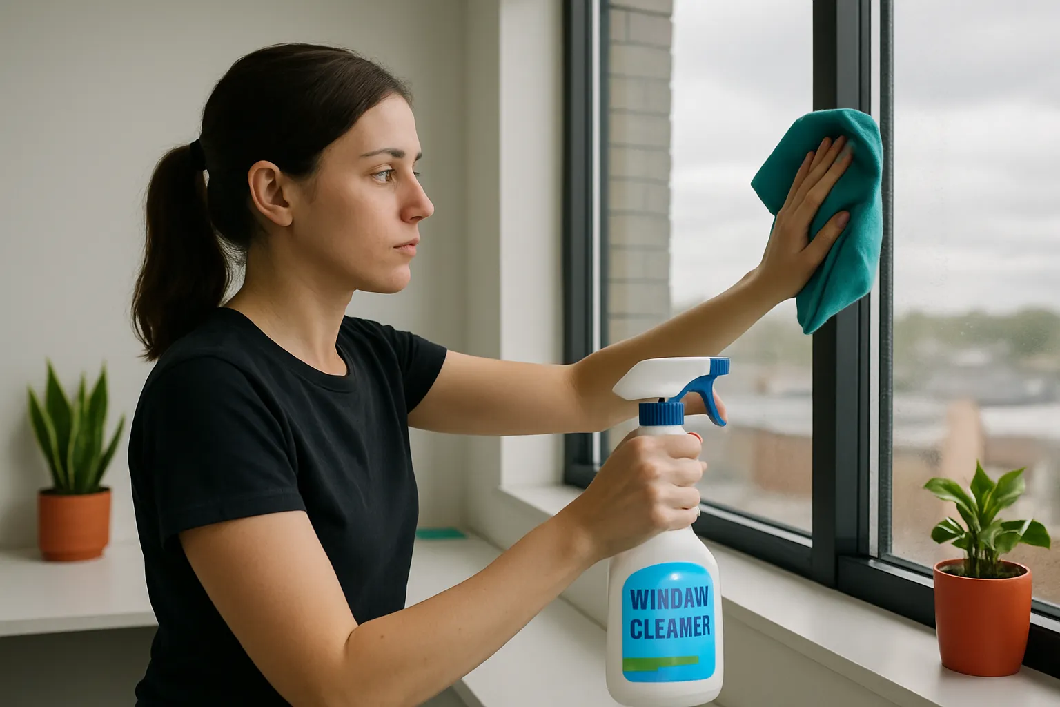 Eine Frau putzt das Fenster mit einem blauen Putztuch, während sie eine Sprühflasche und zwei Pflanzen neben ihr hat.