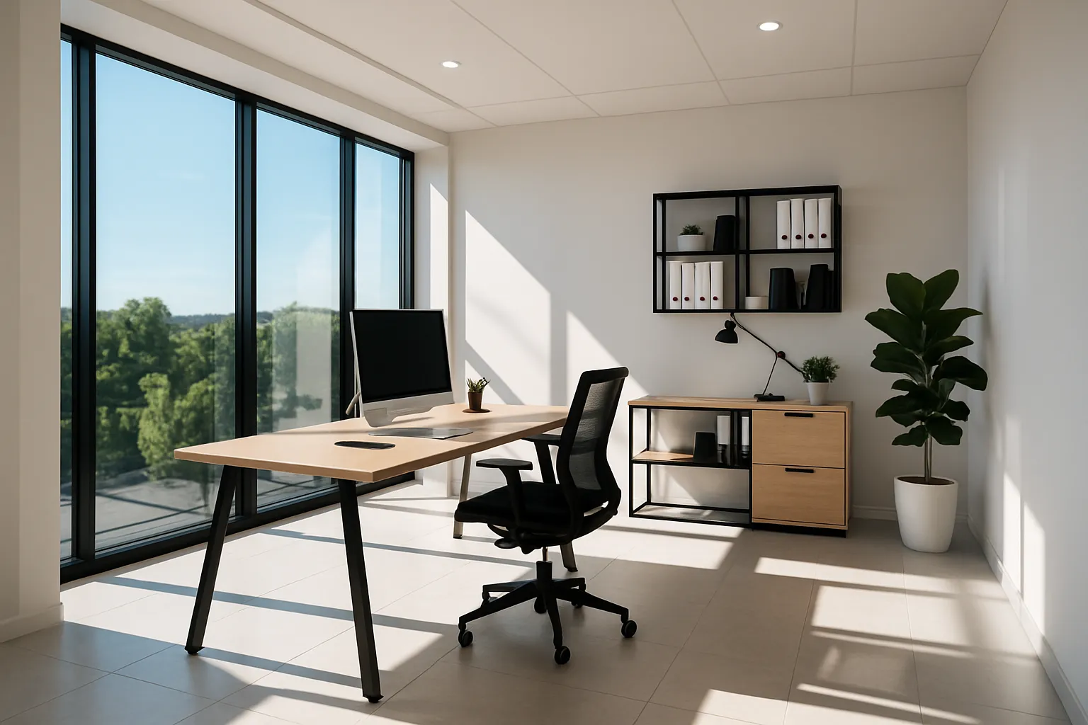 Helles Büro mit Schreibtisch, Computer, Bürostuhl, Regal mit Akten und Pflanzen. Große Fenster lassen viel Licht herein.