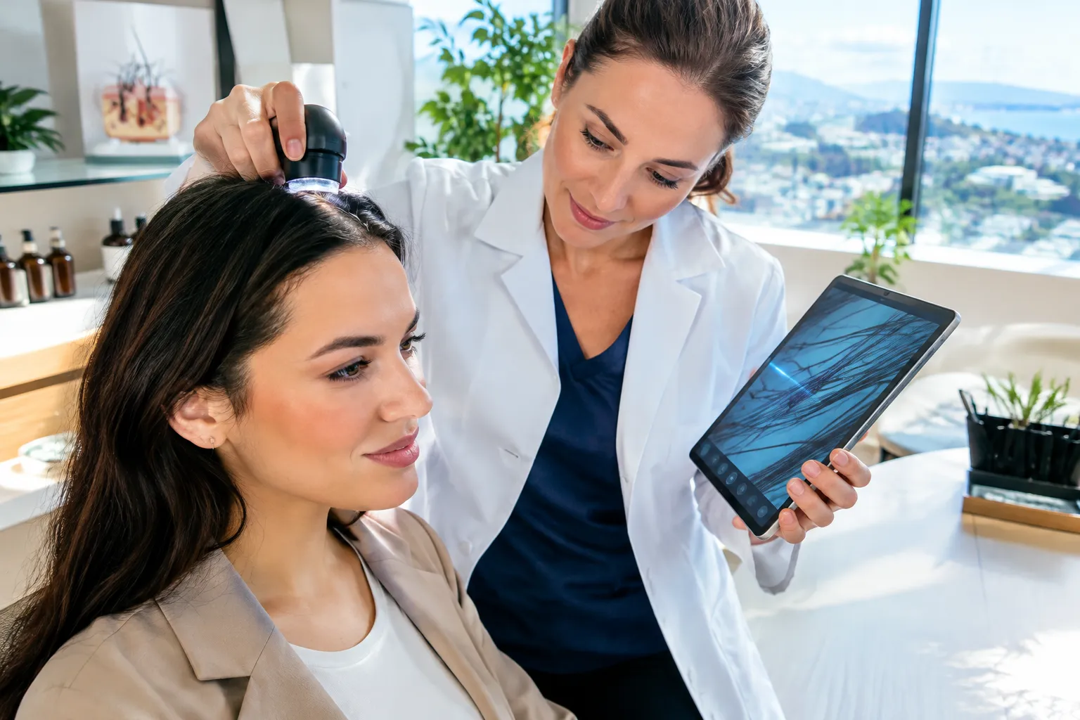 In einer modernen Praxis untersucht eine Ärztin mit einem Gerät die Kopfhaut einer Patientin und zeigt ihr die vergrößerte Ansicht auf einem Tablet.