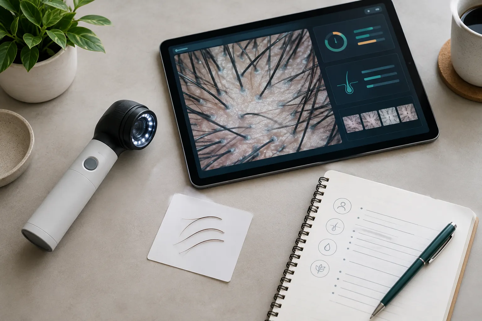 Auf einem Schreibtisch zeigen ein Hautscanner und ein Tablet eine vergrößerte Kopfhaut mit Haaren; daneben liegen ein Notizbuch und Haarproben.
